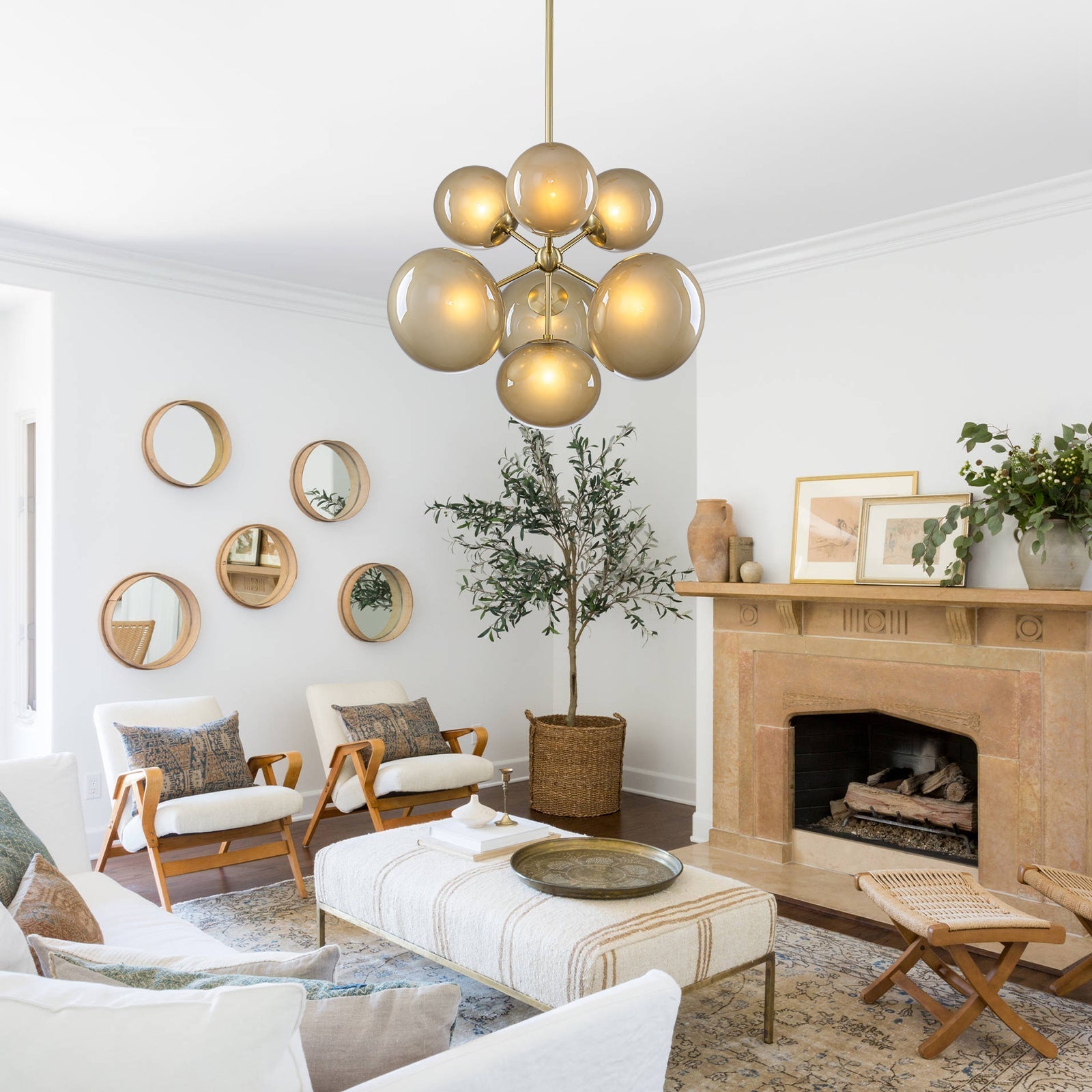 4/7-Light Mid-Century Modern Gold Cluster Chandelier with Coffee Globe Glass Shades