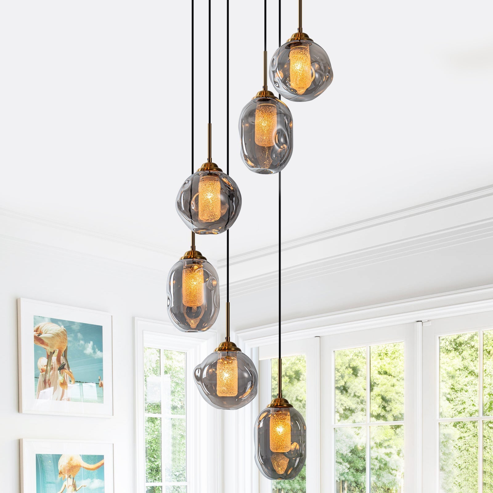 16 in. 6-Light Modern Black Staircase Chandelier Island Pendant Light with Smoky Gray Globe Glass Shade