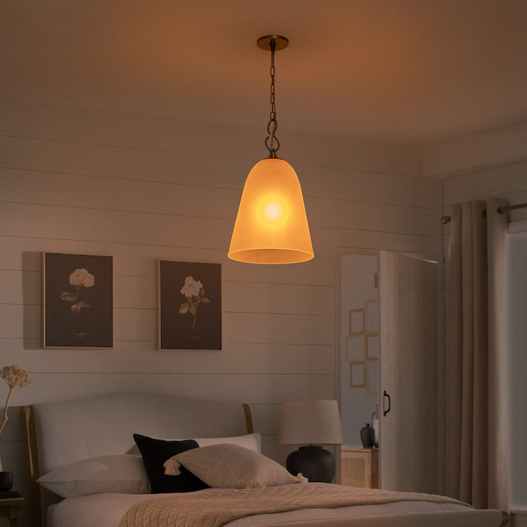 1-Light Modern Gold Bell Shaped Chandelier Hanging Light with Champagne-Colored Glass Shade for Dining Room