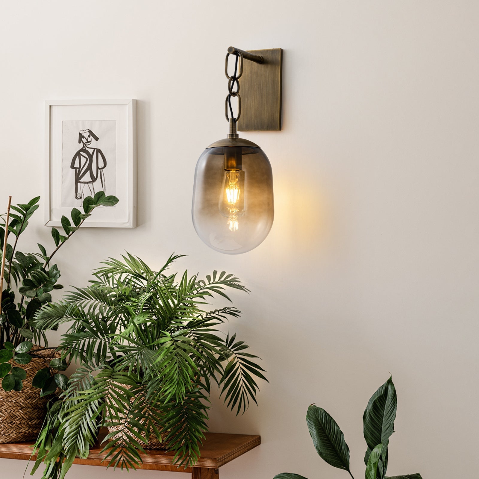 7.09 in. 1-Light Antique Metal Wall Sconce with Oval Gradient Color Glass Shade for Bedroom, Bathroom, Hallway