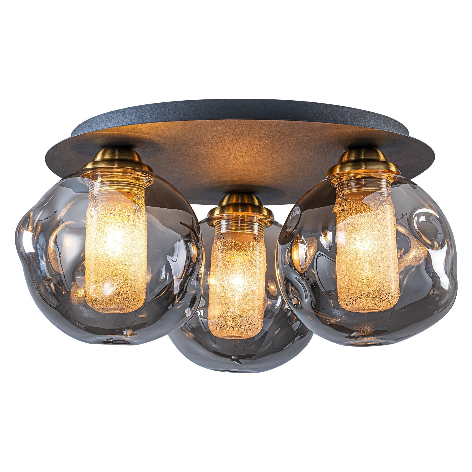 17.7 in. 3-Light Modern Black Metal Flush Mount Ceiling Light with Globe Smoky Gray Glass Shades for Dining Roo