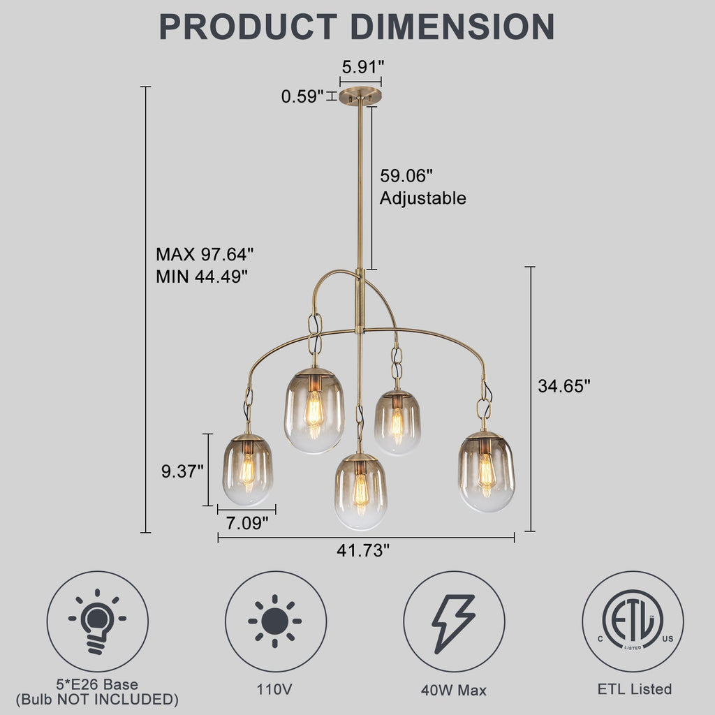 5/7-Light 2/3-Tier Antique Gold Metal Chandelier Pendant with Oval Glass Shades for Living Room, Kitchen Island