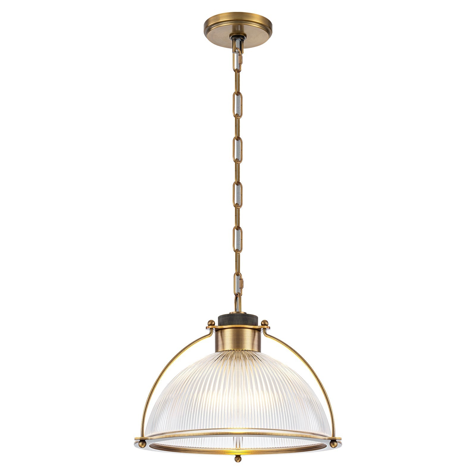 1-Light Industrial Brass Metal Dome Pendant Light with Clear Glass Shade for Kitchen Island, Dining Room