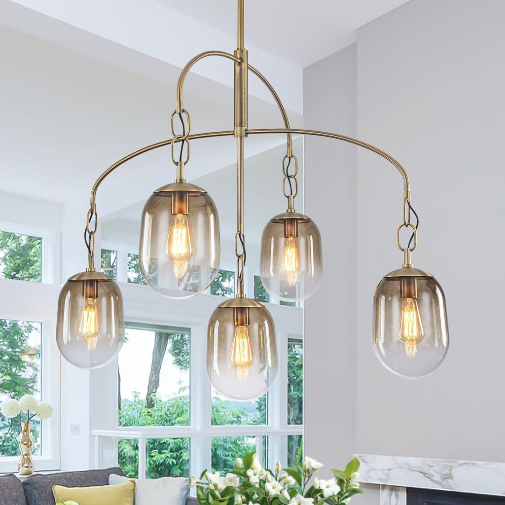 5/7-Light 2/3-Tier Antique Gold Metal Chandelier Pendant with Oval Glass Shades for Living Room, Kitchen Island