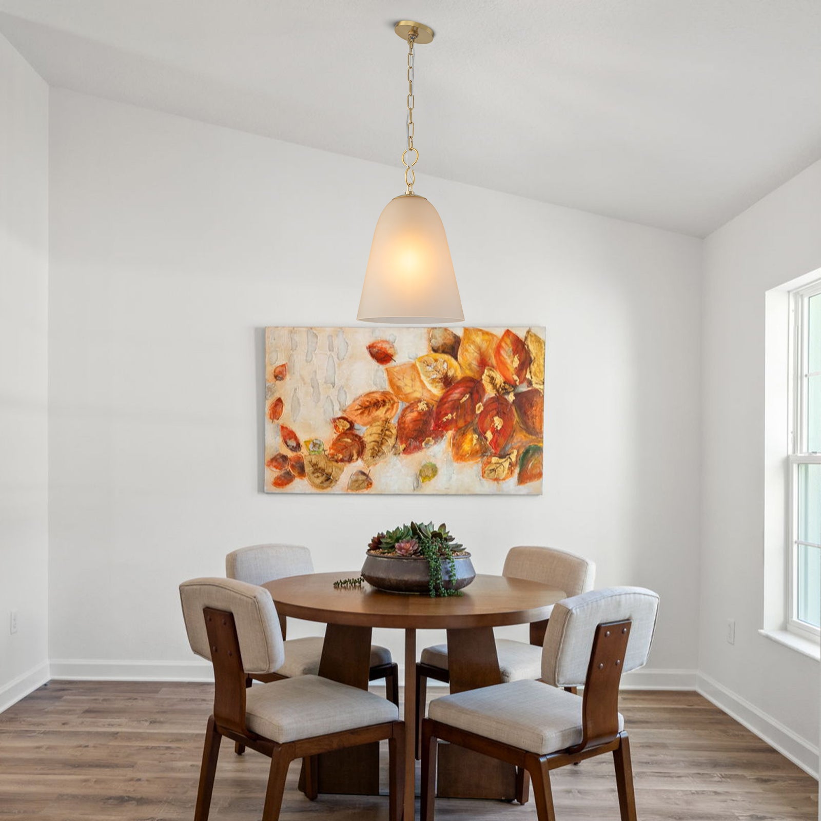 1-Light Modern Gold Bell Shaped Chandelier Hanging Light with Champagne-Colored Glass Shade for Dining Room