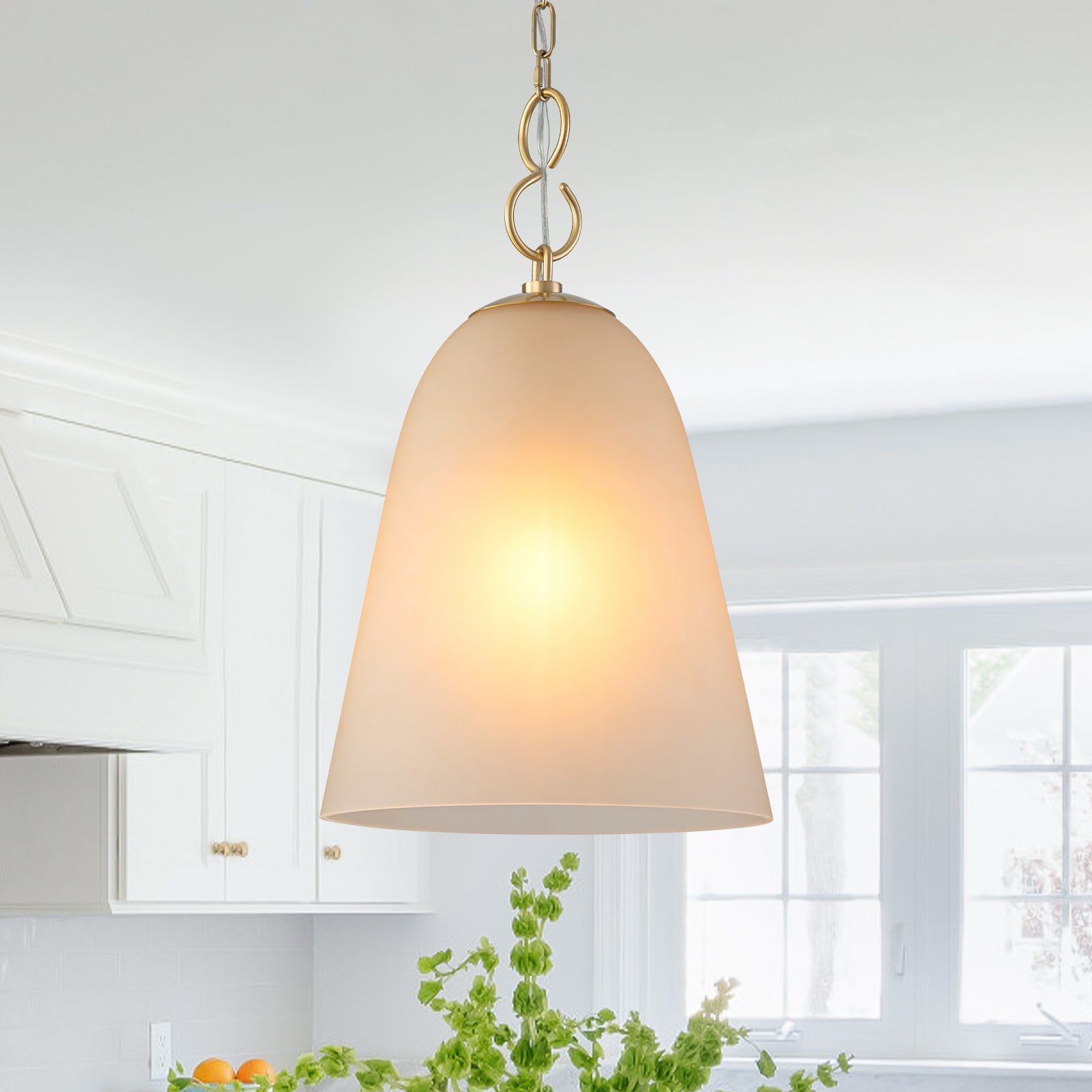 1-Light Modern Gold Bell Shaped Chandelier Hanging Light with Champagne-Colored Glass Shade for Dining Room
