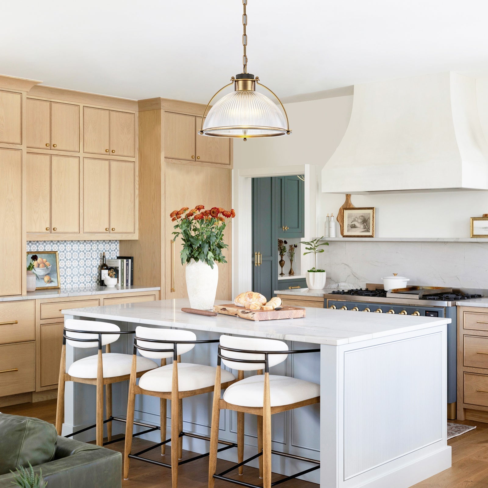 1-Light Industrial Brass Metal Dome Pendant Light with Clear Glass Shade for Kitchen Island, Dining Room