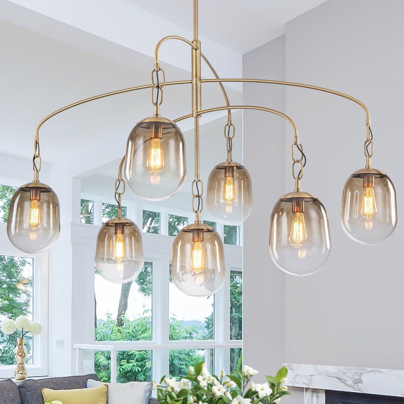 5/7-Light 2/3-Tier Antique Gold Metal Chandelier Pendant with Oval Glass Shades for Living Room, Kitchen Island