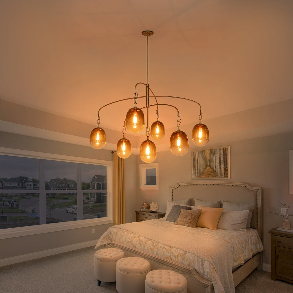 5/7-Light 2/3-Tier Antique Gold Metal Chandelier Pendant with Oval Glass Shades for Living Room, Kitchen Island