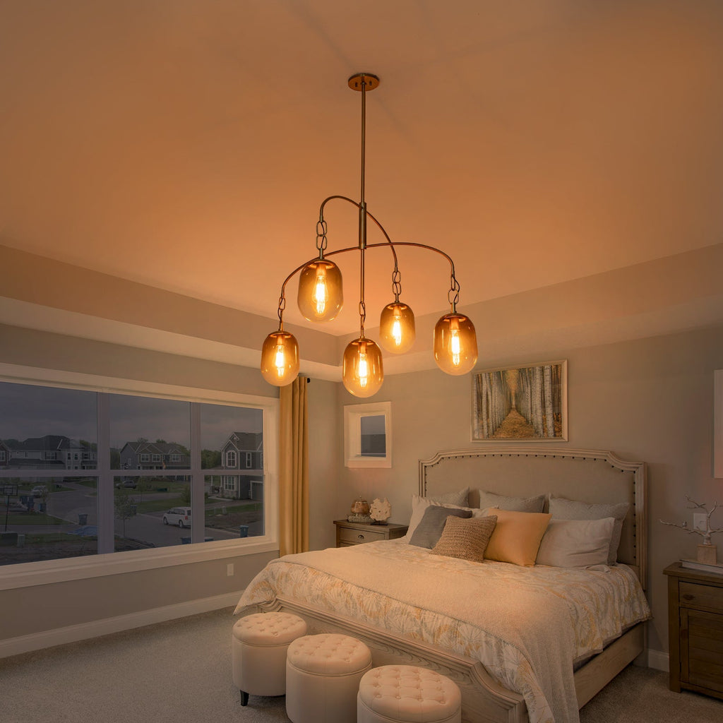 5/7-Light 2/3-Tier Antique Gold Metal Chandelier Pendant with Oval Glass Shades for Living Room, Kitchen Island