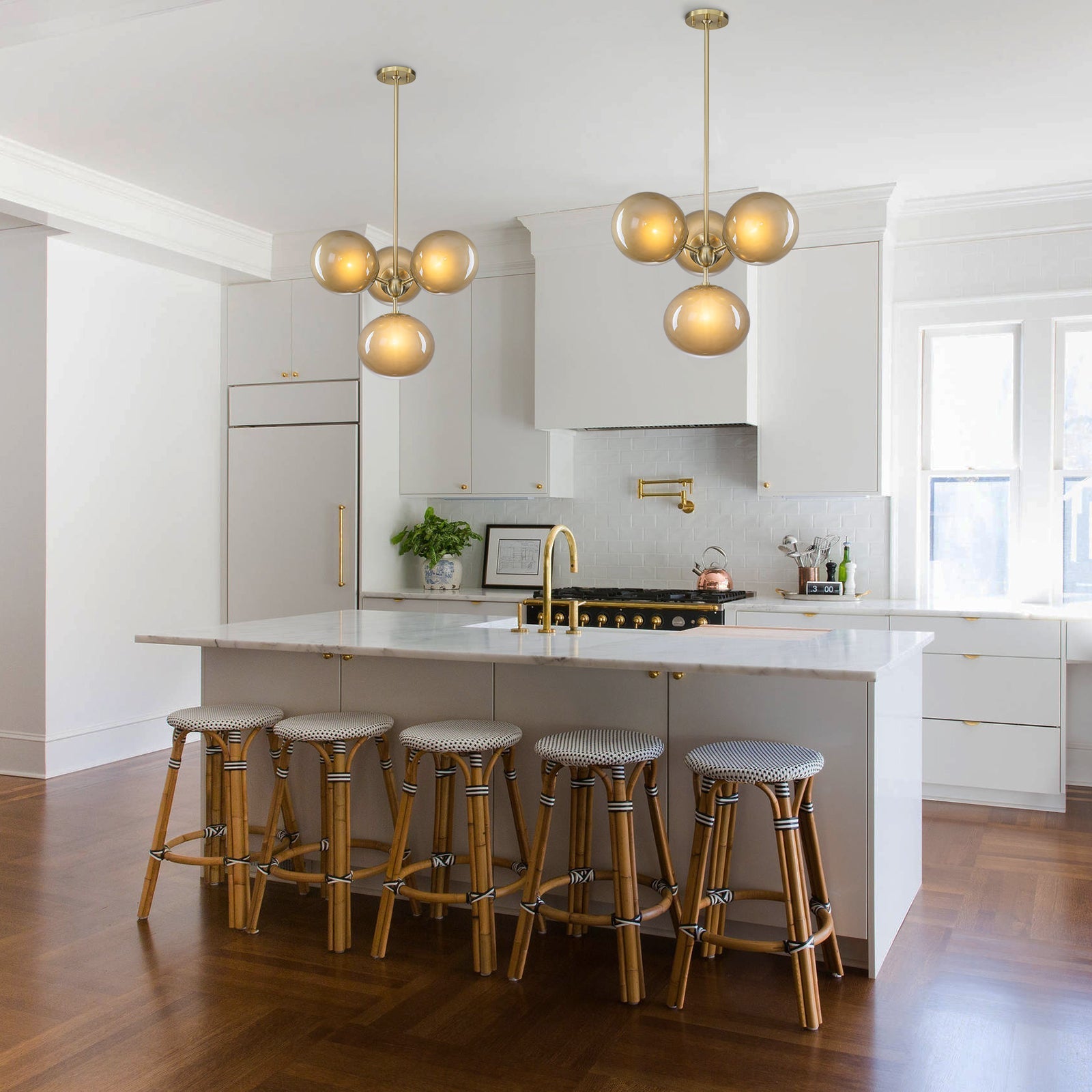 4/7-Light Mid-Century Modern Gold Cluster Chandelier with Coffee Globe Glass Shades