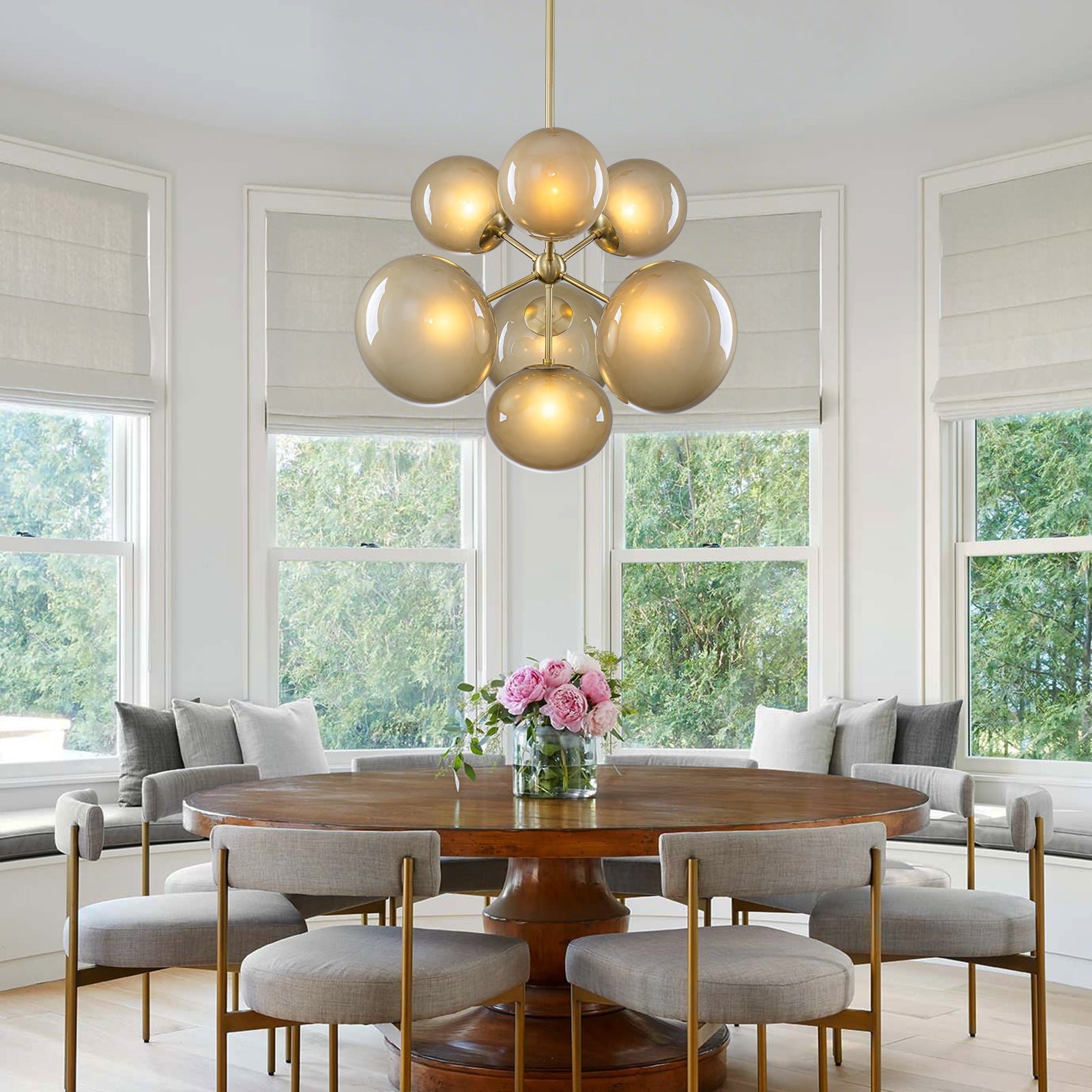 4/7-Light Mid-Century Modern Gold Cluster Chandelier with Coffee Globe Glass Shades