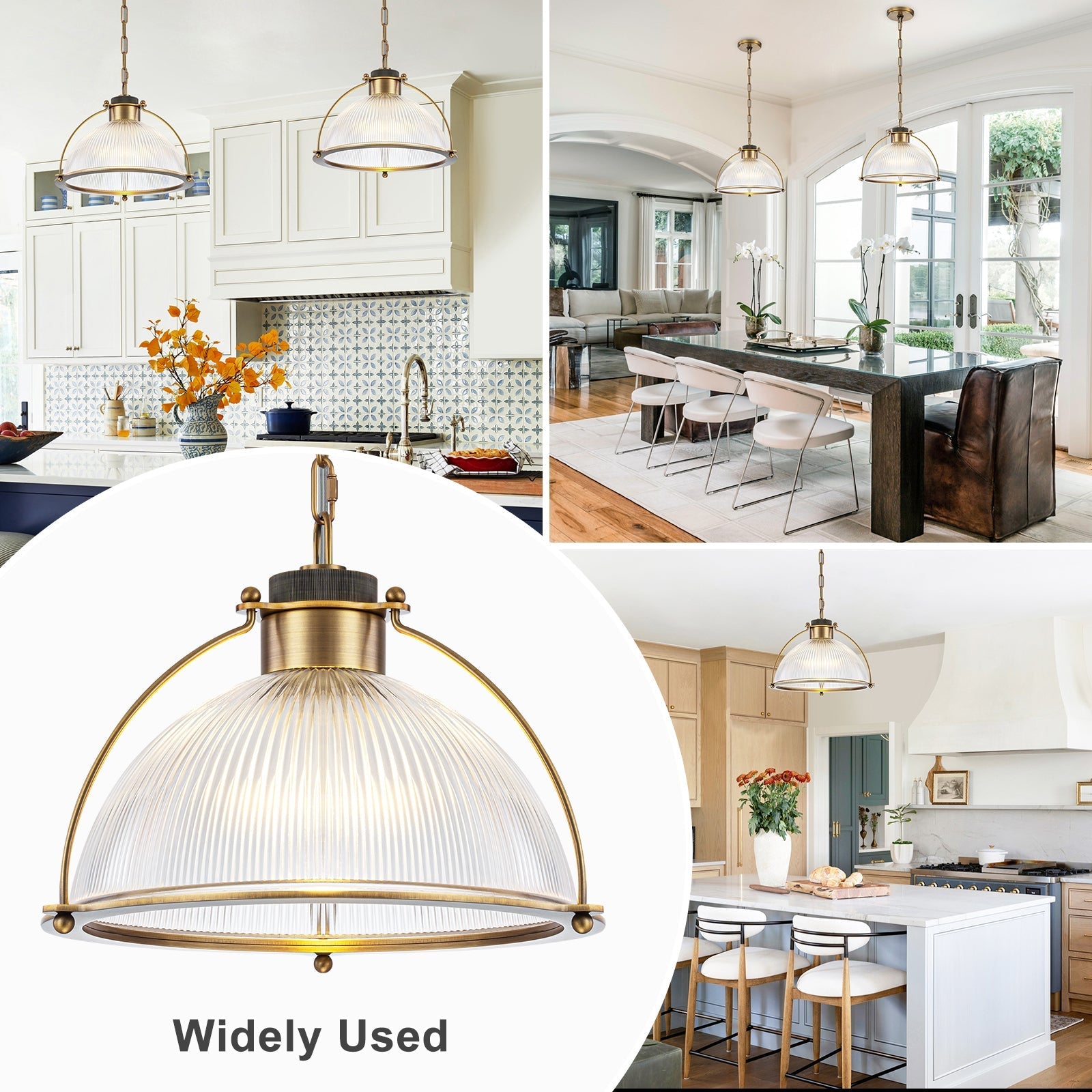 1-Light Industrial Brass Metal Dome Pendant Light with Clear Glass Shade for Kitchen Island, Dining Room