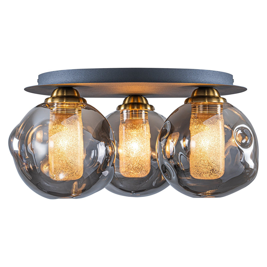 17.7 in. 3-Light Modern Black Metal Flush Mount Ceiling Light with Globe Smoky Gray Glass Shades for Dining Roo