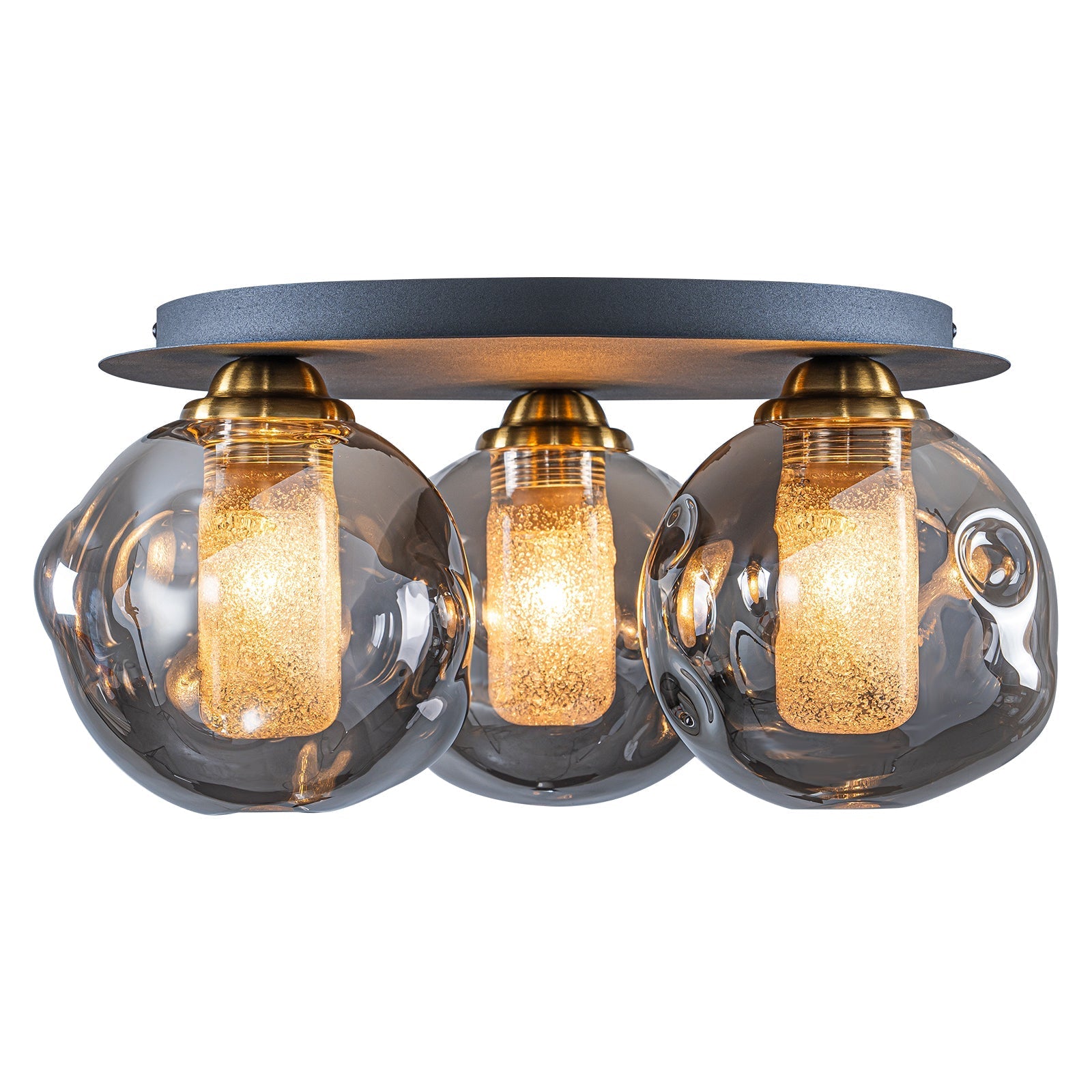 17.7 in. 3-Light Modern Black Metal Flush Mount Ceiling Light with Globe Smoky Gray Glass Shades for Dining Roo