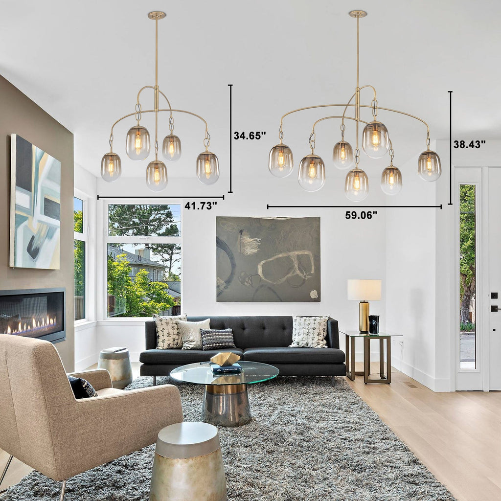 5/7-Light 2/3-Tier Antique Gold Metal Chandelier Pendant with Oval Glass Shades for Living Room, Kitchen Island