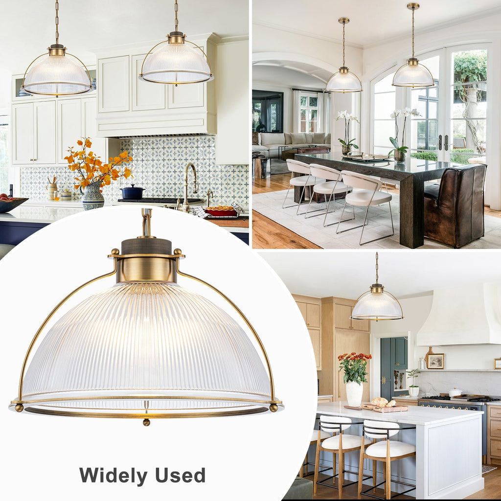 1-Light Industrial Brass Metal Dome Pendant Light with Clear Glass Shade for Kitchen Island, Dining Room