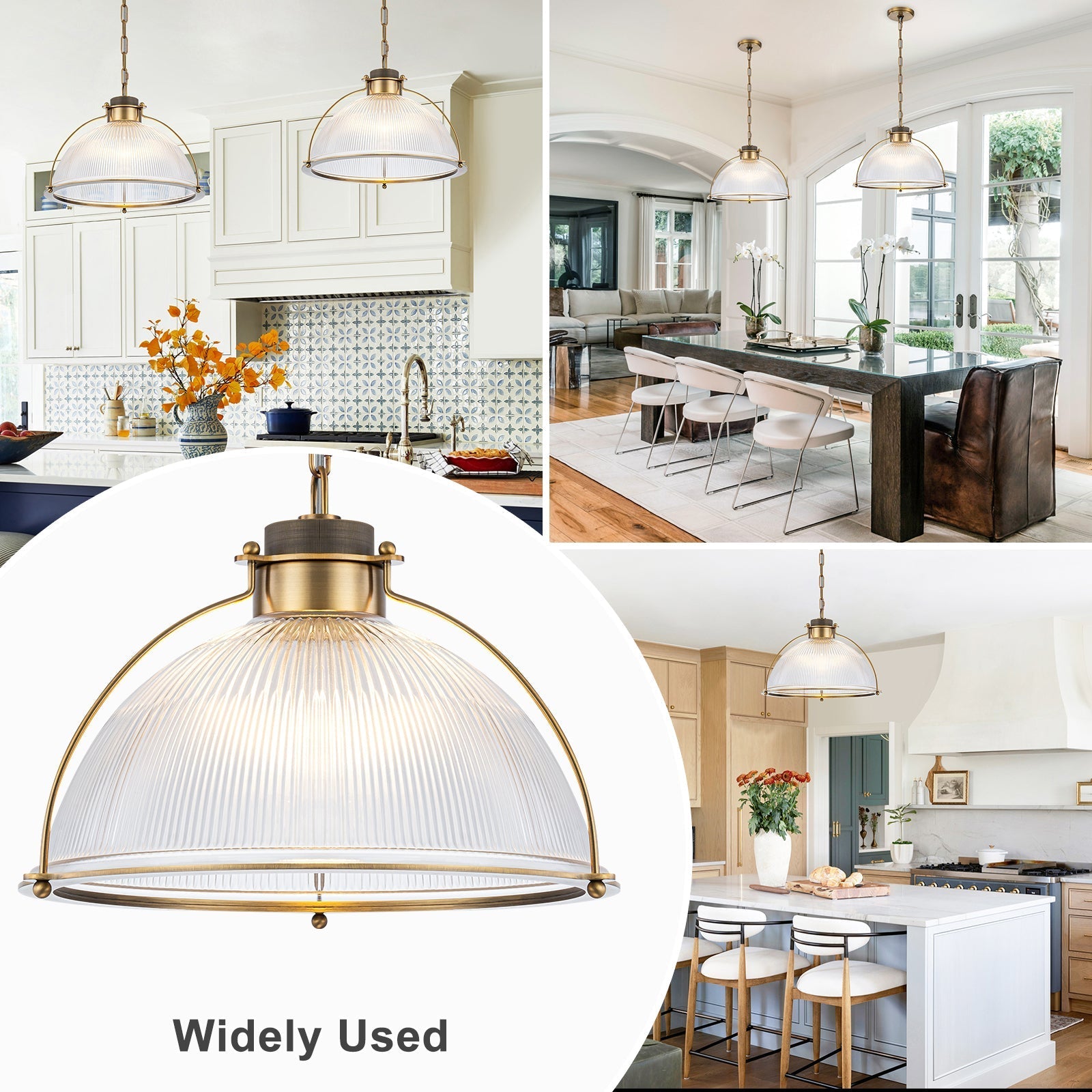 1-Light Industrial Brass Metal Dome Pendant Light with Clear Glass Shade for Kitchen Island, Dining Room