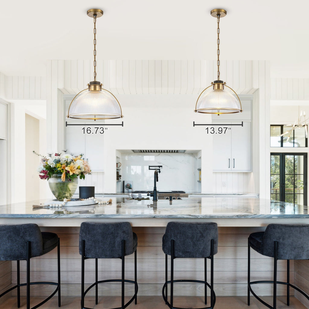 1-Light Industrial Brass Metal Dome Pendant Light with Clear Glass Shade for Kitchen Island, Dining Room