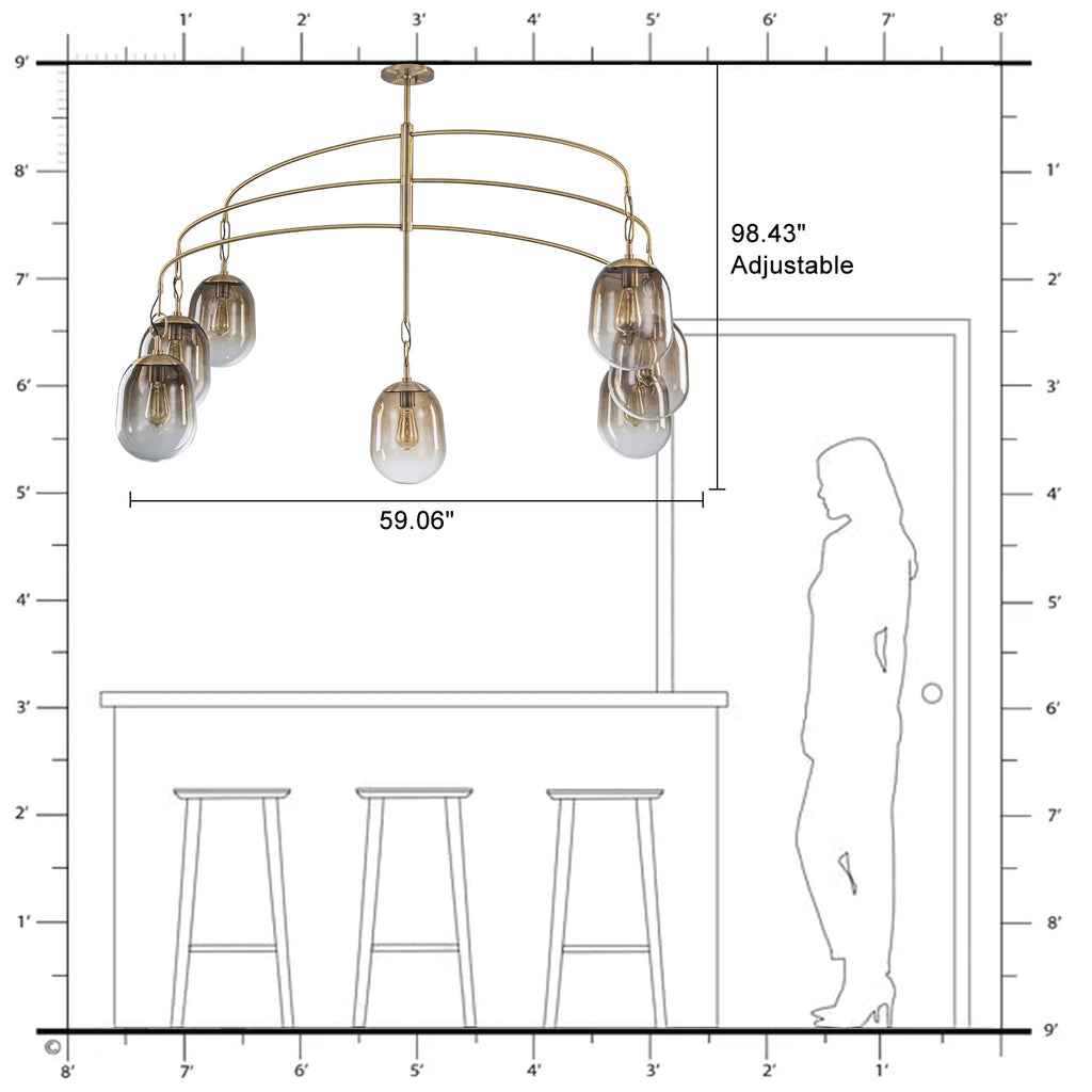 5/7-Light 2/3-Tier Antique Gold Metal Chandelier Pendant with Oval Glass Shades for Living Room, Kitchen Island