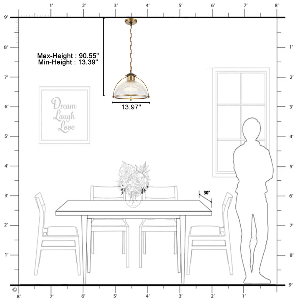 1-Light Industrial Brass Metal Dome Pendant Light with Clear Glass Shade for Kitchen Island, Dining Room