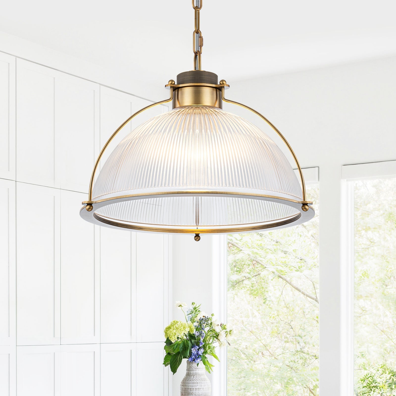 1-Light Industrial Brass Metal Dome Pendant Light with Clear Glass Shade for Kitchen Island, Dining Room