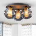 17.7 in. 3-Light Modern Black Metal Flush Mount Ceiling Light with Globe Smoky Gray Glass Shades for Dining Roo