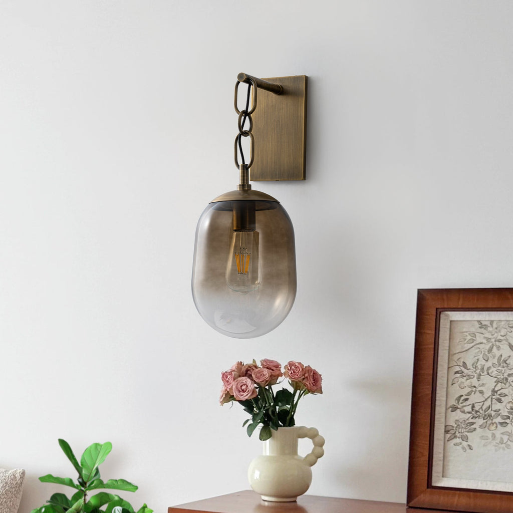 7.09 in. 1-Light Antique Metal Wall Sconce with Oval Gradient Color Glass Shade for Bedroom, Bathroom, Hallway