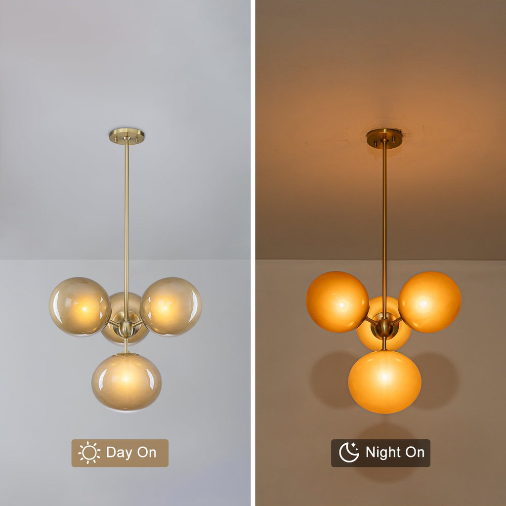 4/7-Light Mid-Century Modern Gold Cluster Chandelier with Coffee Globe Glass Shades