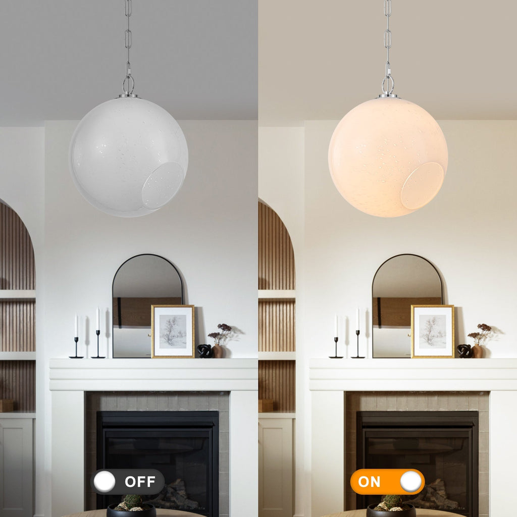 Chrome Modern Globe Hanging Pendant Light with White Bubble Glass Shade for Kitchen Island, Dining