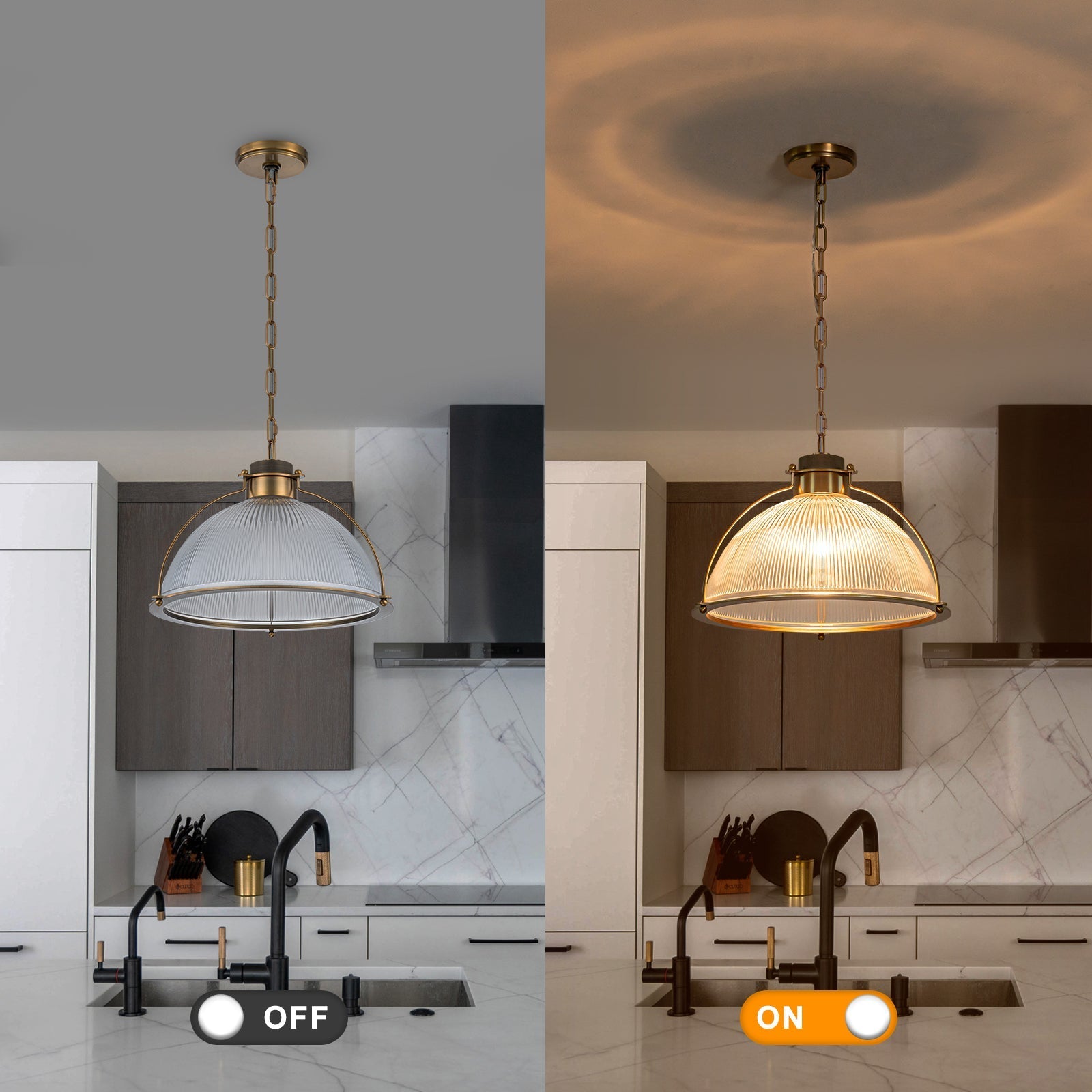 1-Light Industrial Brass Metal Dome Pendant Light with Clear Glass Shade for Kitchen Island, Dining Room