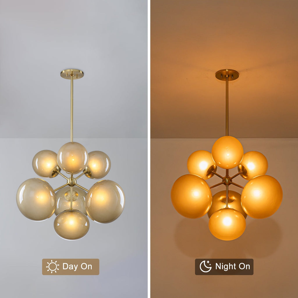 4/7-Light Mid-Century Modern Gold Cluster Chandelier with Coffee Globe Glass Shades
