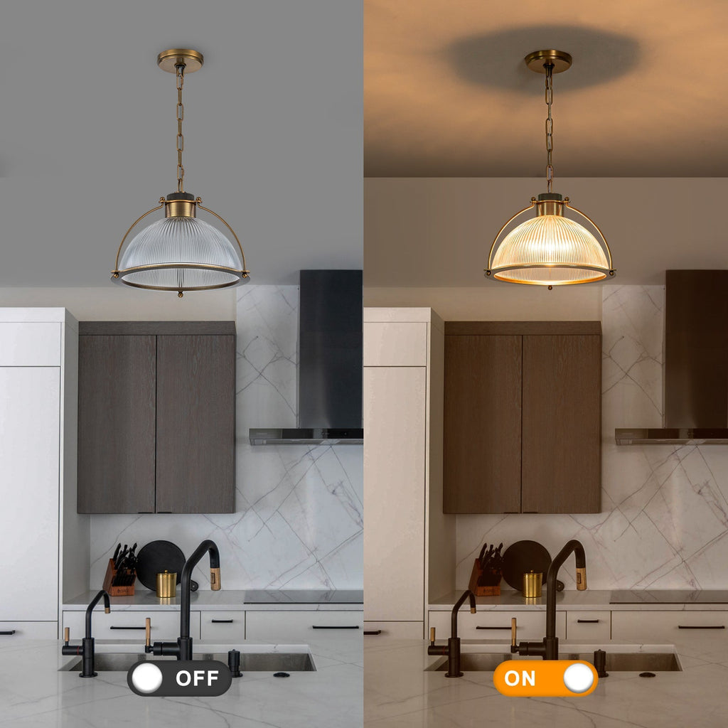 1-Light Industrial Brass Metal Dome Pendant Light with Clear Glass Shade for Kitchen Island, Dining Room