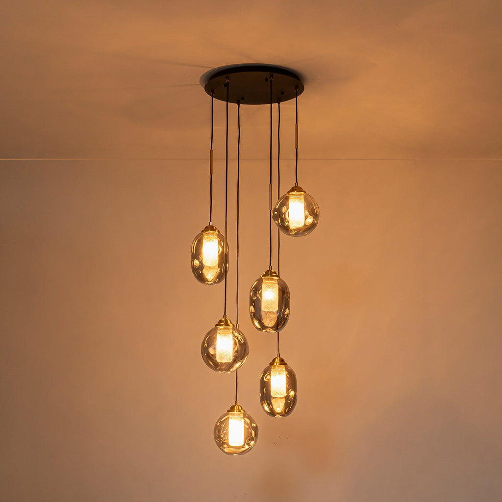 16 in. 6-Light Modern Black Staircase Chandelier Island Pendant Light with Smoky Gray Globe Glass Shade