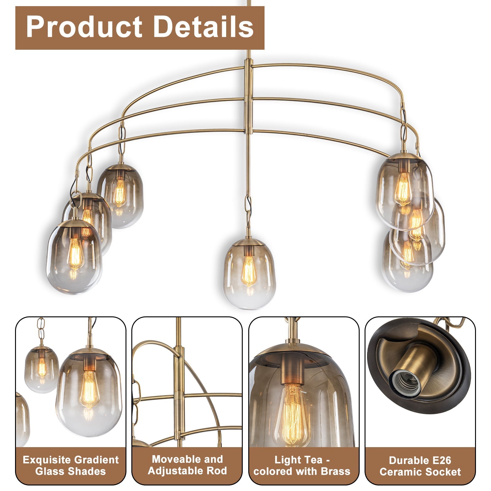 5/7-Light 2/3-Tier Antique Gold Metal Chandelier Pendant with Oval Glass Shades for Living Room, Kitchen Island