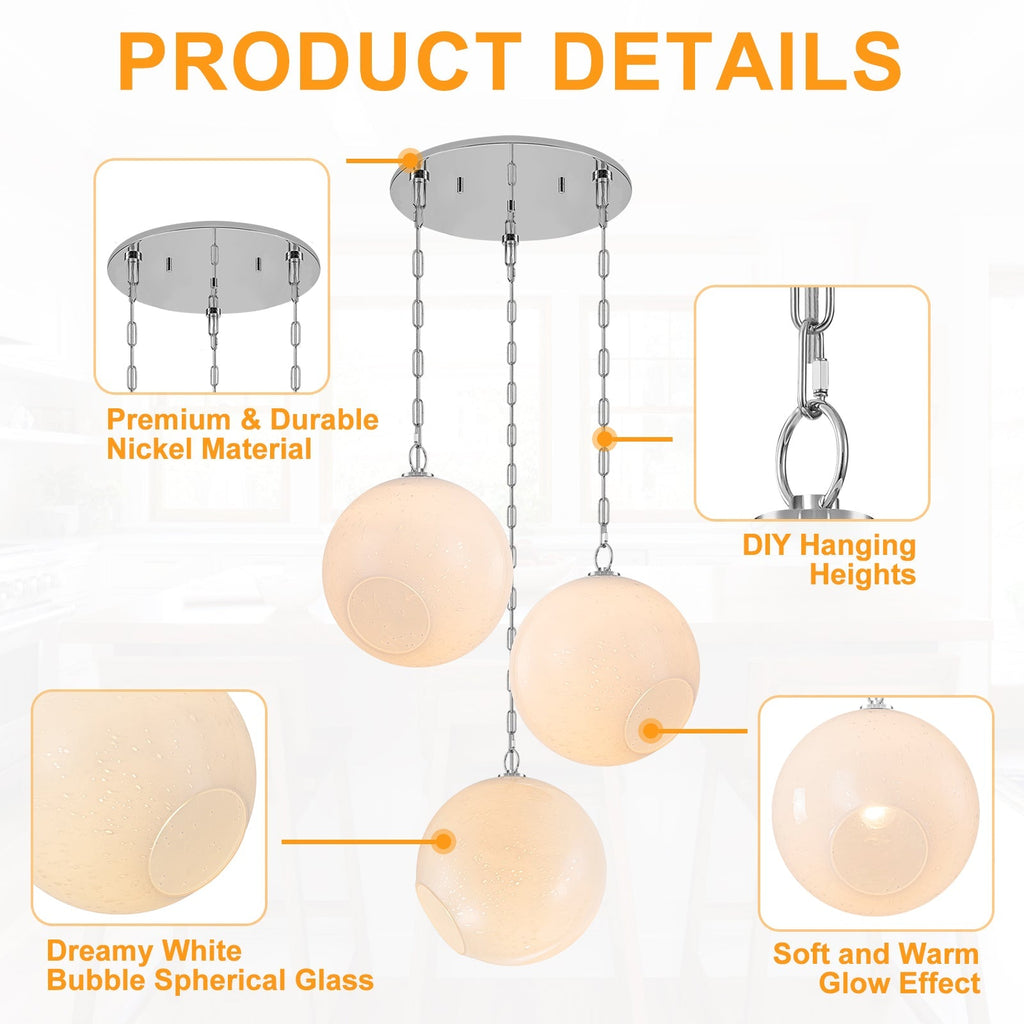Chrome Modern Globe Hanging Pendant Light with White Bubble Glass Shade for Kitchen Island, Dining