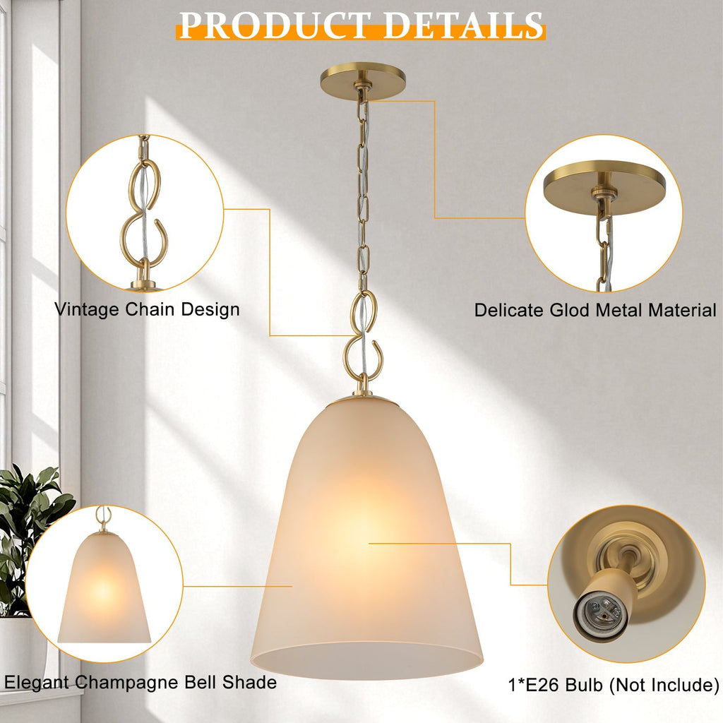 1-Light Modern Gold Bell Shaped Chandelier Hanging Light with Champagne-Colored Glass Shade for Dining Room