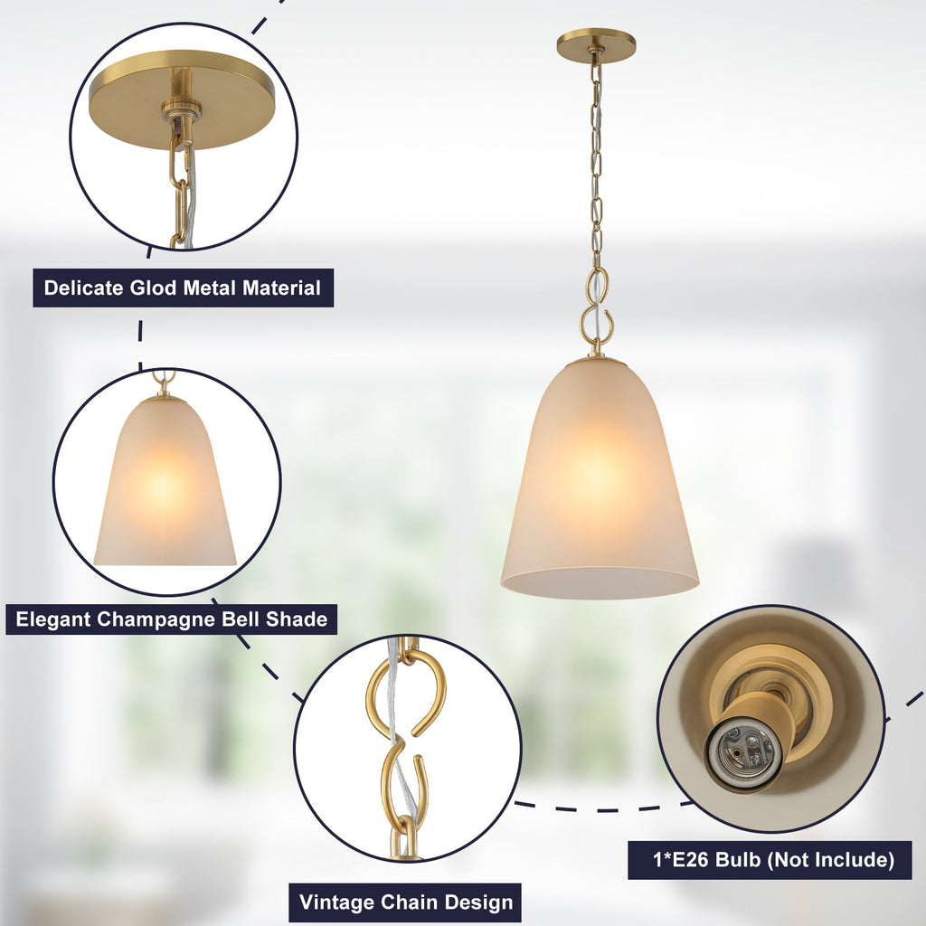 1-Light Modern Gold Bell Shaped Chandelier Hanging Light with Champagne-Colored Glass Shade for Dining Room