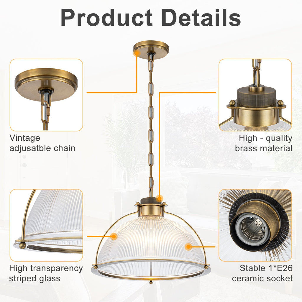 1-Light Industrial Brass Metal Dome Pendant Light with Clear Glass Shade for Kitchen Island, Dining Room