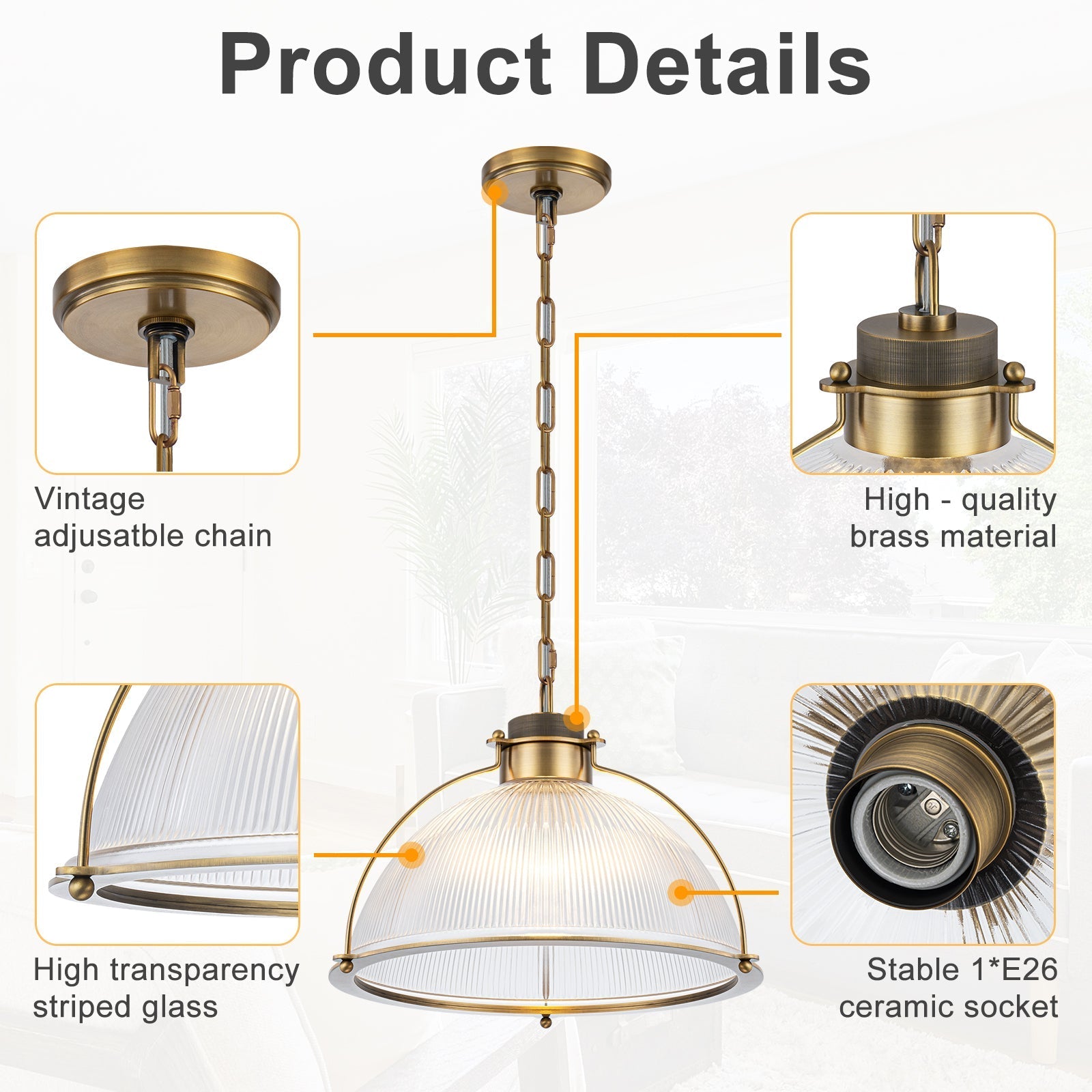1-Light Industrial Brass Metal Dome Pendant Light with Clear Glass Shade for Kitchen Island, Dining Room