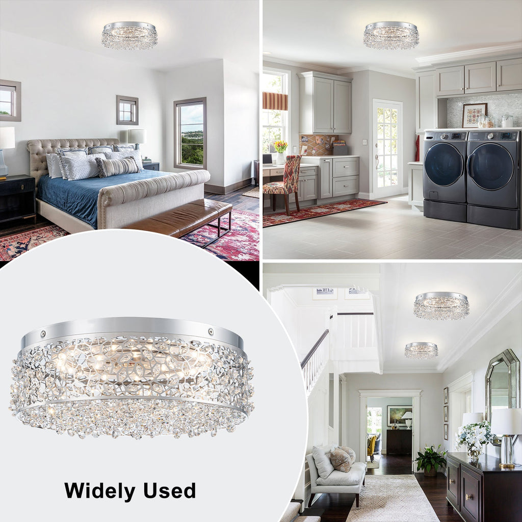 14.17 in. 20-Watt Modern Small Chrome Drum Integrated LED Flush Mount Ceiling Light with Beaded Crystal Shade