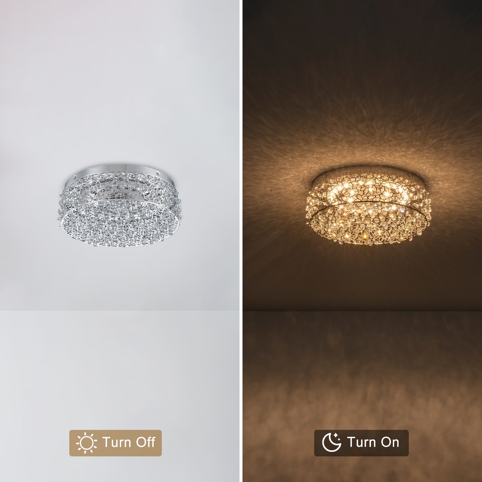 14.17 in. 20-Watt Modern Small Chrome Drum Integrated LED Flush Mount Ceiling Light with Beaded Crystal Shade