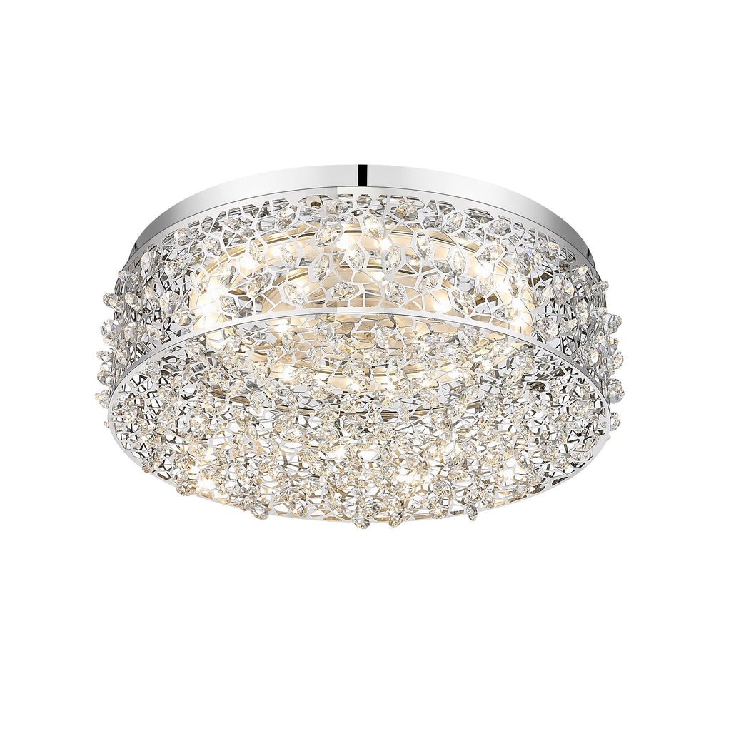 14.17 in. 20-Watt Modern Small Chrome Drum Integrated LED Flush Mount Ceiling Light with Beaded Crystal Shade