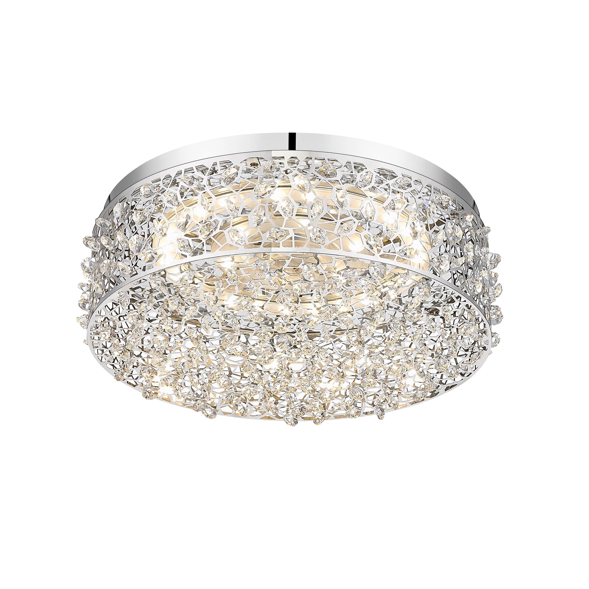 14.17 in. 20-Watt Modern Small Chrome Drum Integrated LED Flush Mount Ceiling Light with Beaded Crystal Shade