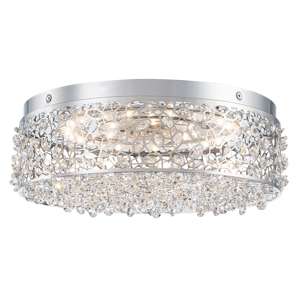 14.17 in. 20-Watt Modern Small Chrome Drum Integrated LED Flush Mount Ceiling Light with Beaded Crystal Shade