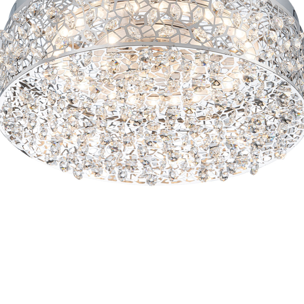 14.17 in. 20-Watt Modern Small Chrome Drum Integrated LED Flush Mount Ceiling Light with Beaded Crystal Shade