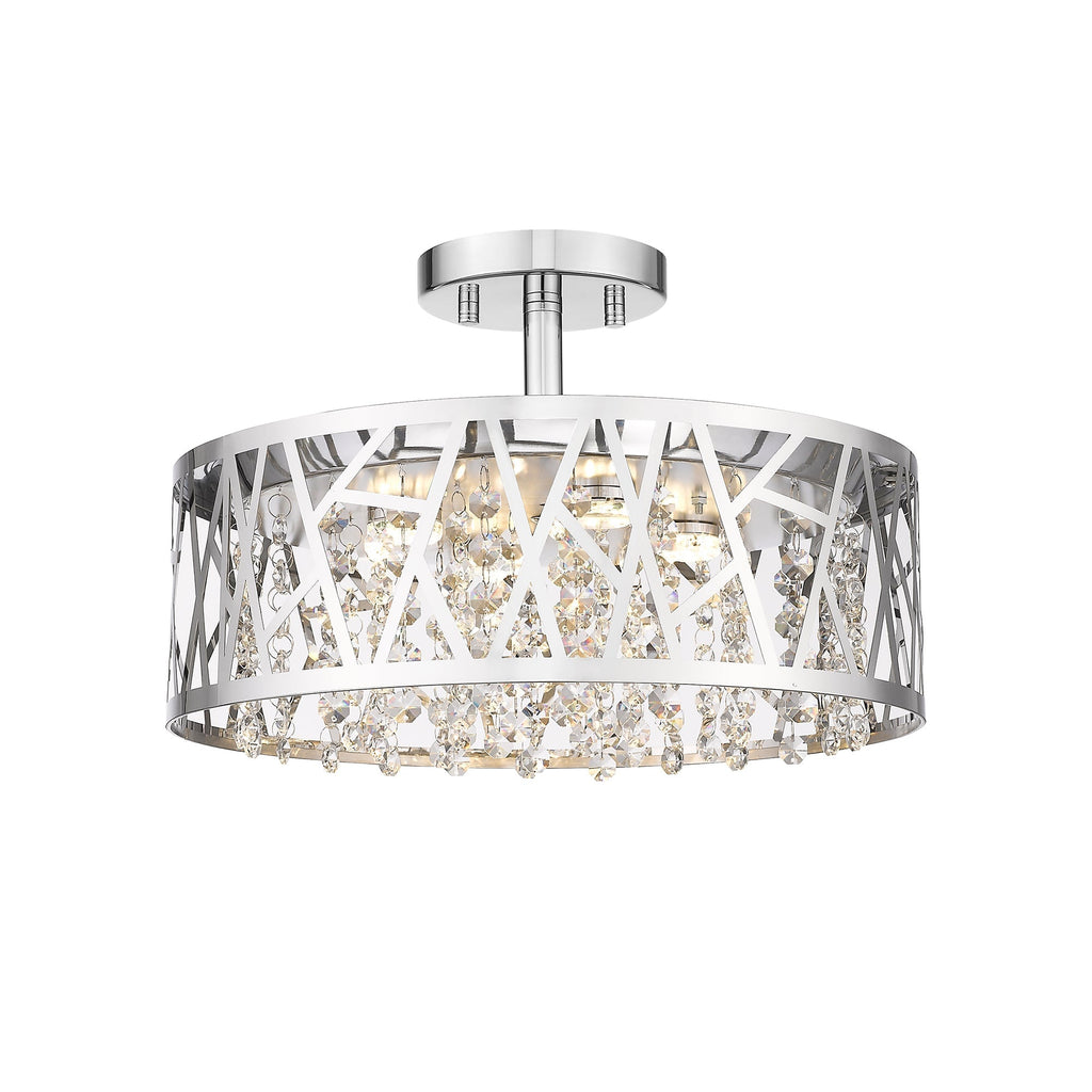 13.78 in. 1-Light Modern Small Chrome Drum Dimmable LED Semi-Flush Mount Ceiling Light with Beaded Crystal Shade