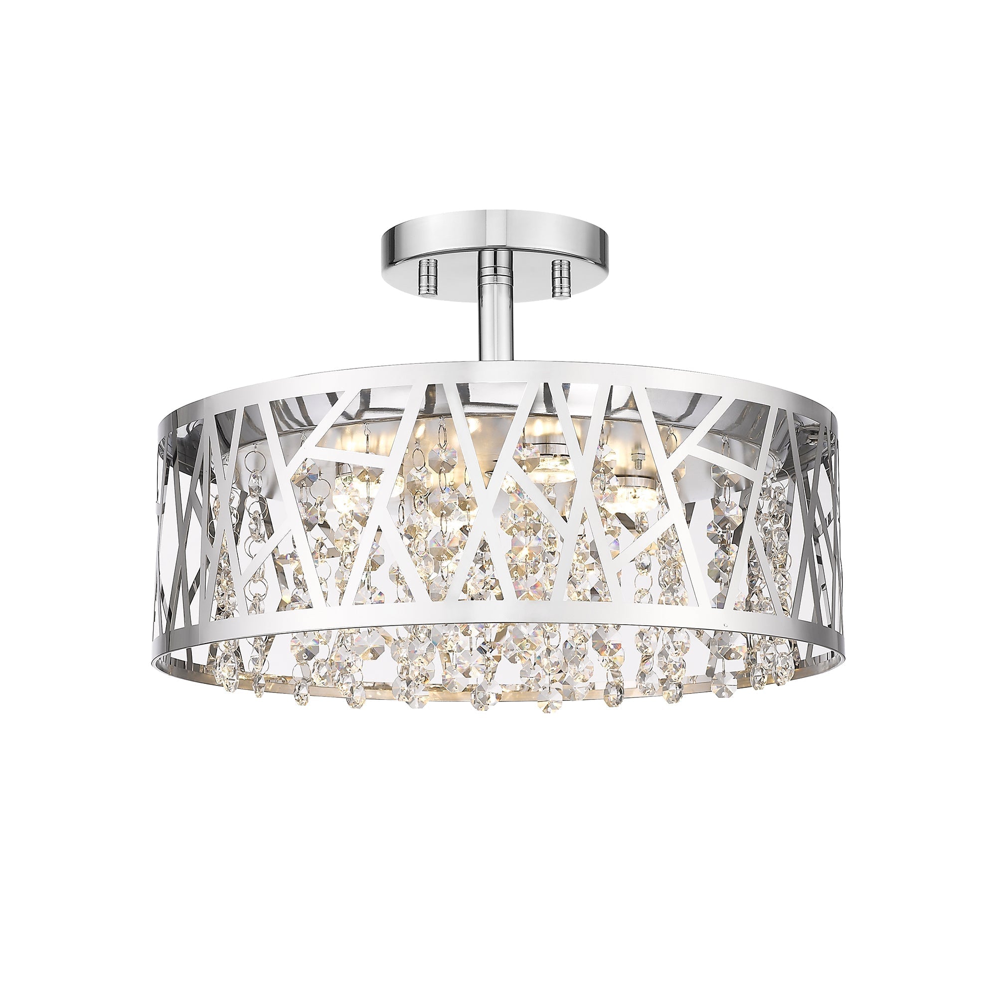 13.78 in. 1-Light Modern Small Chrome Drum Dimmable LED Semi-Flush Mount Ceiling Light with Beaded Crystal Shade