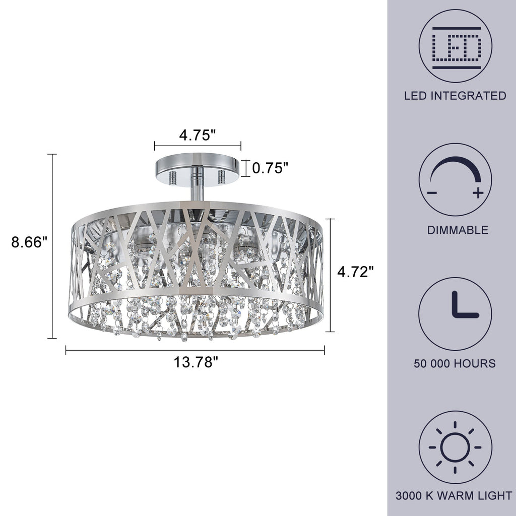 13.78 in. 1-Light Modern Small Chrome Drum Dimmable LED Semi-Flush Mount Ceiling Light with Beaded Crystal Shade