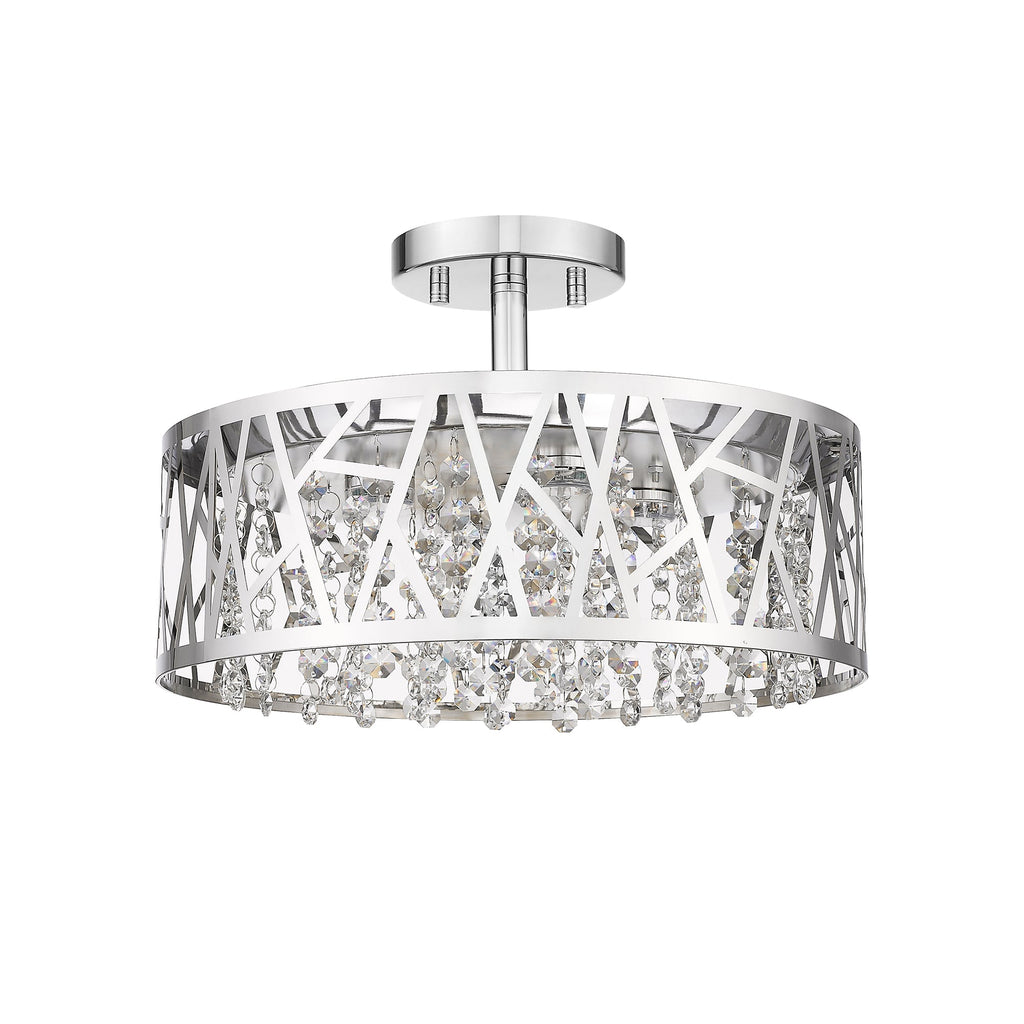 13.78 in. 1-Light Modern Small Chrome Drum Dimmable LED Semi-Flush Mount Ceiling Light with Beaded Crystal Shade